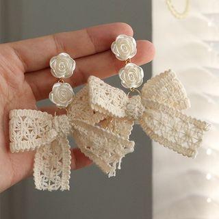 Flower Lace Bow Drop Earring 1 Pair - Silver Needle Earring - White - One Size