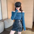 Off-shoulder Ribbed Sweater / Faux Leather A-line Mini Skirt