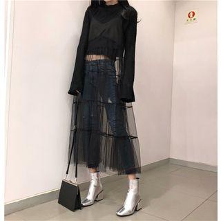 Spaghetti Strap A-line Midi Mesh Dress Black - One Size
