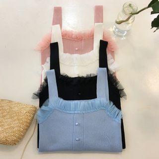 Wide Strap Mesh Frill Trim Knit Top / Light Jacket