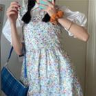 Puff-sleeve Shirt / Flower Print Mini Overall Dress