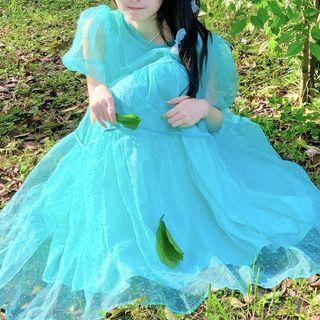 Short-sleeve Mesh A-line Dress Green - One Size