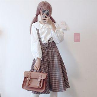Ruffle Trim Blouse / Pleated Suspender Skirt