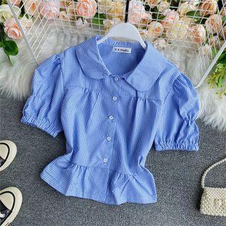 Round-neck Gingham Puff Short-sleeve Shirt