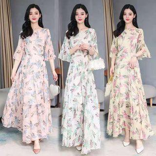 3/4-sleeve Floral Print Maxi A-line Chiffon Dress