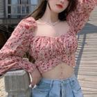 Puff-sleeve Floral Print Blouse Red Floral - Pink - One Size