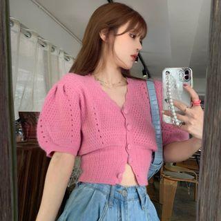Puff-sleeve Button-up Knit Blouse