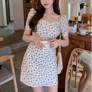 Puff-sleeve Floral Print Mini Sheath Dress White - One Size