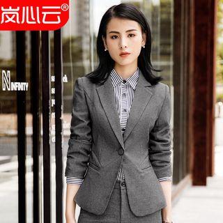 Single-button Blazer / Slim-fit Dress Pants / Mini Dress Skirt / Striped Shirt / Set