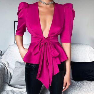 Puff-sleeve Tie-strap Blouse