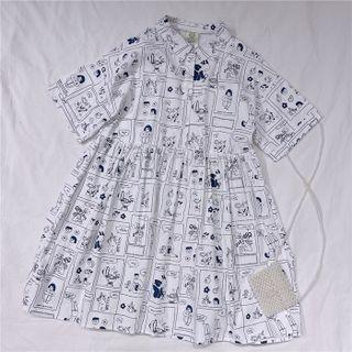 Short-sleeve Print A-line Dress White - One Size