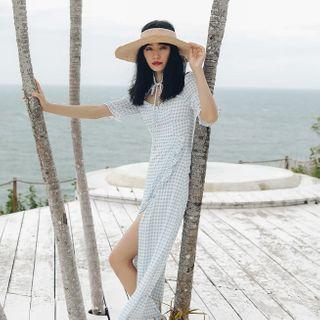 Checked Short-sleeve Maxi A-line Dress