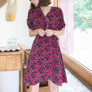 Wrap-front Pattern Dress Navy Blue - One Size