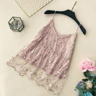 Spaghetti Strap Embroidered Sheer Top
