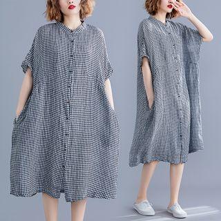Checked Elbow-sleeve Midi Shirt Dress