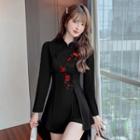 Set: Long-sleeve Floral Embroidered Mini A-line Qipao Dress + Shorts