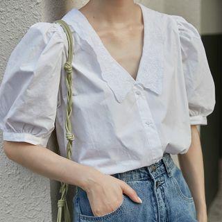 Puff-sleeve Lace Trim Shirt