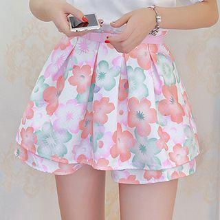 Set: Dotted Mesh Panel Elbow Sleeve Top + Floral Print A-line Skirt
