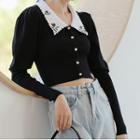 Flower Embroidered Collared Knit Top