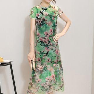 Floral Print Frog Button Chiffon Dress