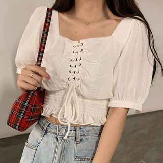 Short-sleeve Lace Up Blouse White - One Size