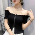 Off-shoulder Short-sleeve Zip-up Top