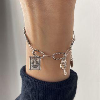 Crown Lock & Key Sterling Silver Bracelet D029 - Silver - One Size
