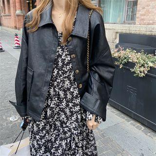 Single Breasted Faux Leather Jacket / Long-sleeve Floral Dress