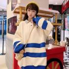 Striped Collared Lantern-sleeve Pullover