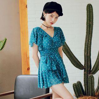Short-sleeve Open-back Dotted Swimdress