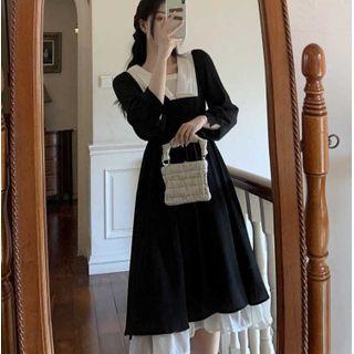 Contrast Collar Long Sleeve A-line Dress