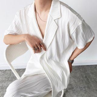 Set: Short-sleeve Double-breasted Shirt + Wide Leg Pants