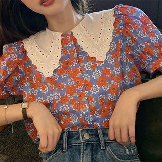 Puff-sleeve Perforated Collar Floral Blouse