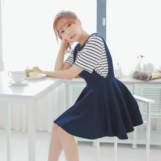 Set: Striped T-shirt + Denim Jumper Dress