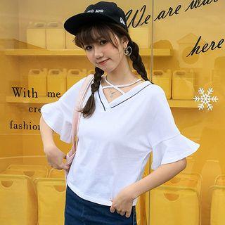 Cross Strap V-neck Elbow-sleeve T-shirt