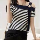 Short-sleeve Striped Cold-shoulder Blouse Stripe - Black & White - One Size