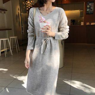 Drop-shoulder Midi Knit Dress Oatmeal - One Size