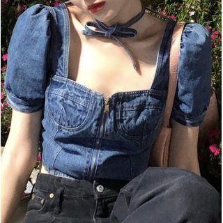 Denim Short-sleeve Crop Top