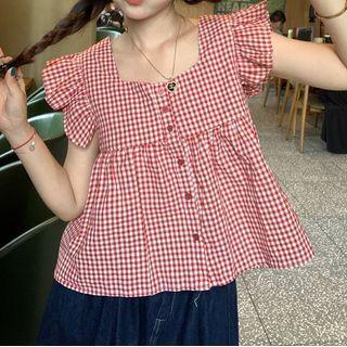 Sleeveless Gingham Check Flowy Camisole Top Red - One Size