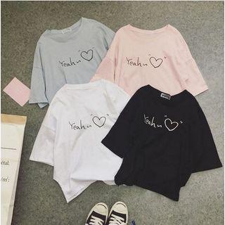 3/4-sleeve Lettering Heart Print T-shirt