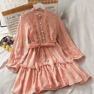 Ruffled-trim Mock-neck Shirtdress With Sash Pink - One Size