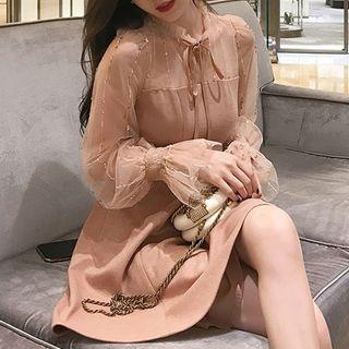 Mesh Panel Tie-neck A-line Dress
