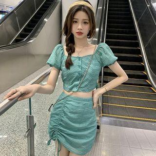 Puff-sleeve Square Neck Plaid Cropped Blouse / Drawstring Mini Pencil Skirt / Midi Skirt