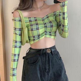 Long-sleeve Cropped Plaid Top Plaid - Green - One Size