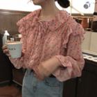 Bell-sleeve Floral Blouse Pink - One Size