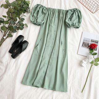 Off-shoulder Pocket Detail Short-sleeve Dress
