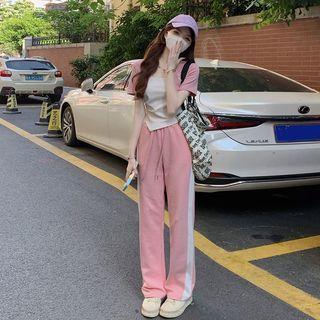 Mock Two-piece Short-sleeve T-shirt / Two-tone Wide Leg Pants