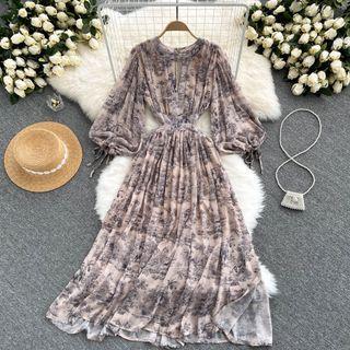 Cutout Print Slit Long-sleeve Dress