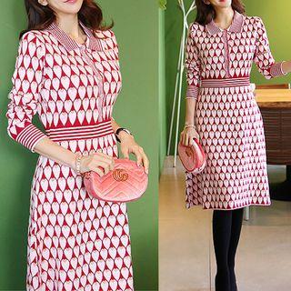 Patterned Long-sleeve Midi Knit A-line Dress