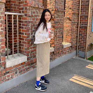 Drawcord-waist Cotton Long Skirt